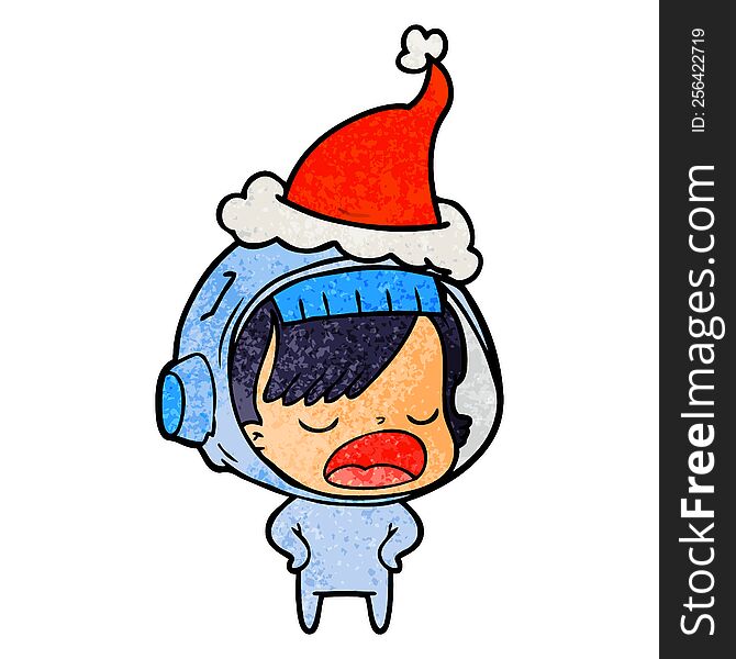 textured cartoon of a astronaut woman explaining wearing santa hat