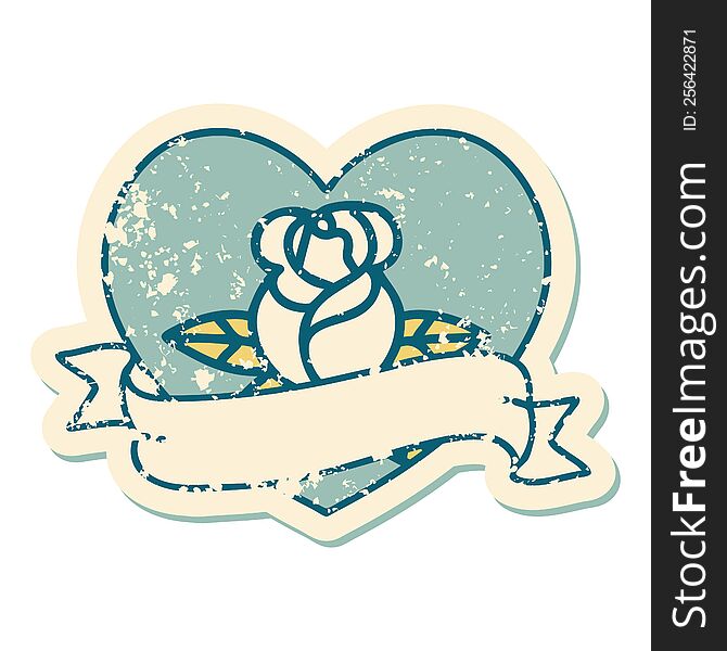 iconic distressed sticker tattoo style image of a heart rose and banner. iconic distressed sticker tattoo style image of a heart rose and banner