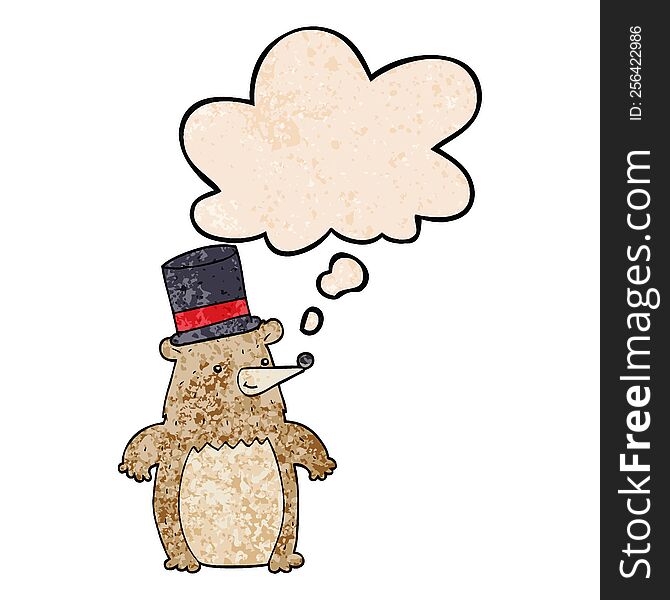Cartoon Bear In Top Hat And Thought Bubble In Grunge Texture Pattern Style