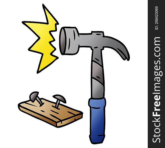 hand drawn gradient cartoon doodle of a hammer and nails