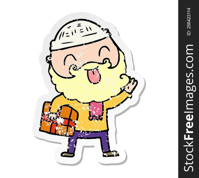 Distressed Sticker Of A Man With Beard Carrying Christmas Present