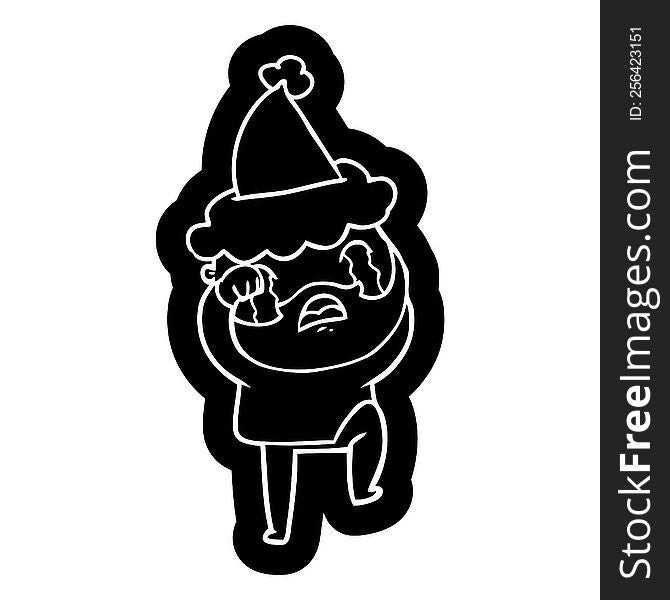 Cartoon Icon Of A Bearded Man Crying And Stamping Foot Wearing Santa Hat