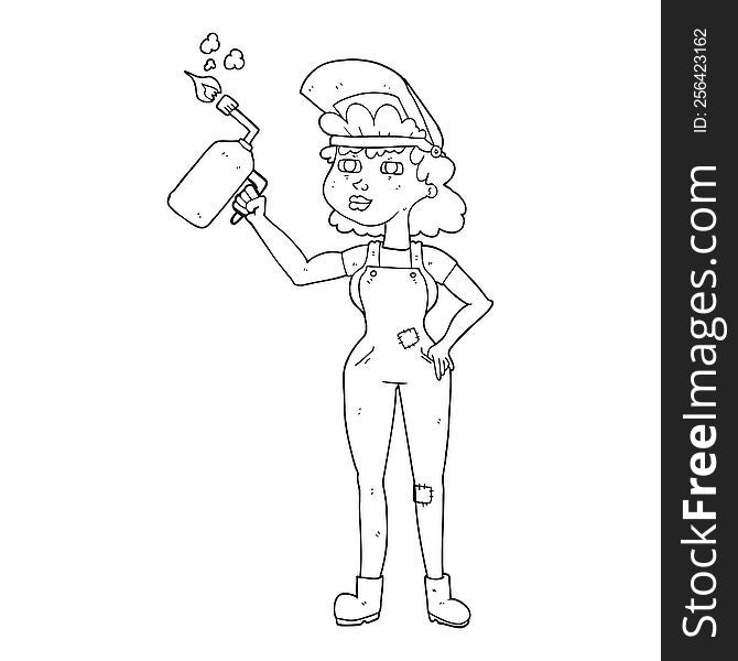 freehand drawn black and white cartoon woman welding