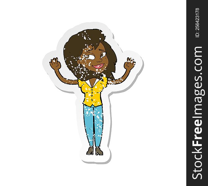 retro distressed sticker of a cartoon woman giving up