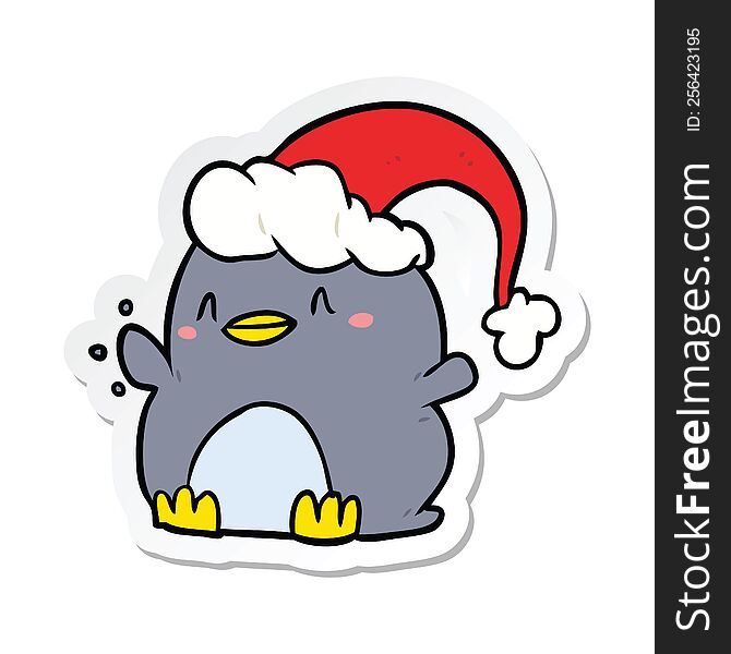 Sticker Of A Cartoon Penguin Wearing Christmas Hat