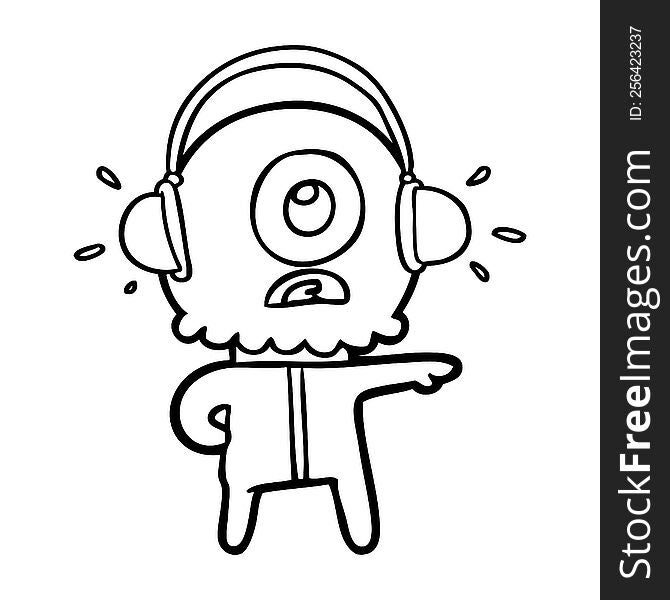 cartoon cyclops alien spaceman listening to music. cartoon cyclops alien spaceman listening to music