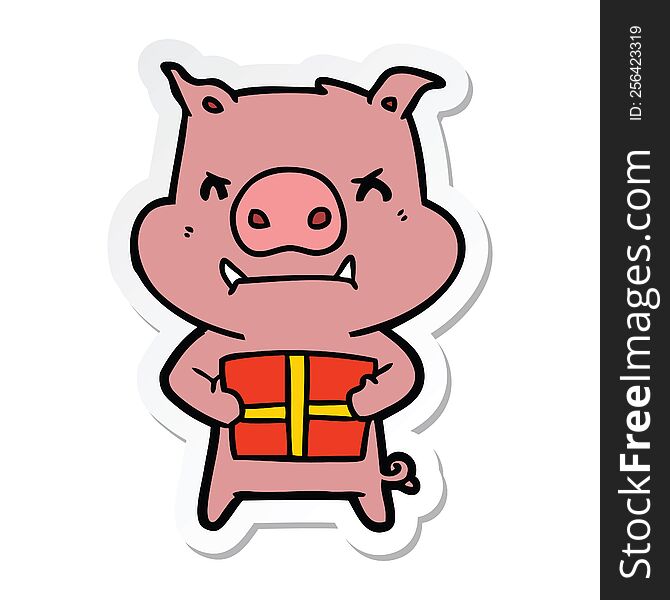 Sticker Of A Angry Cartoon Pig With Christmas Gift