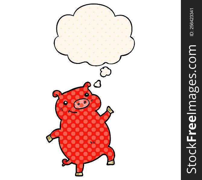 Cartoon Dancing Pig And Thought Bubble In Comic Book Style