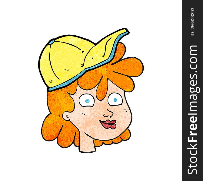 freehand textured cartoon woman wearing cap. freehand textured cartoon woman wearing cap
