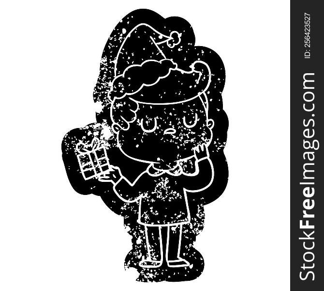 quirky cartoon distressed icon of a man wondering wearing santa hat