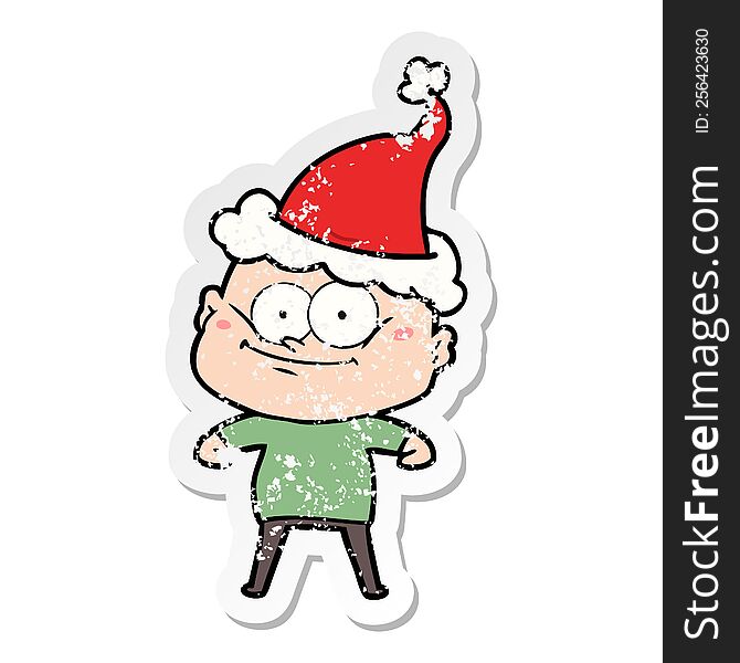 Distressed Sticker Cartoon Of A Bald Man Staring Wearing Santa Hat