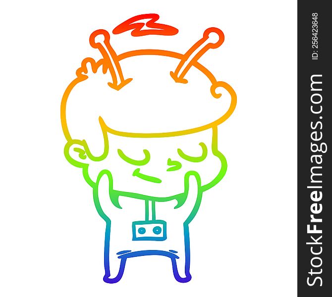 rainbow gradient line drawing of a shy cartoon spaceman