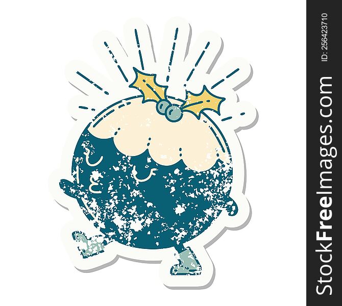 Grunge Sticker Of Tattoo Style Christmas Pudding Character Walking