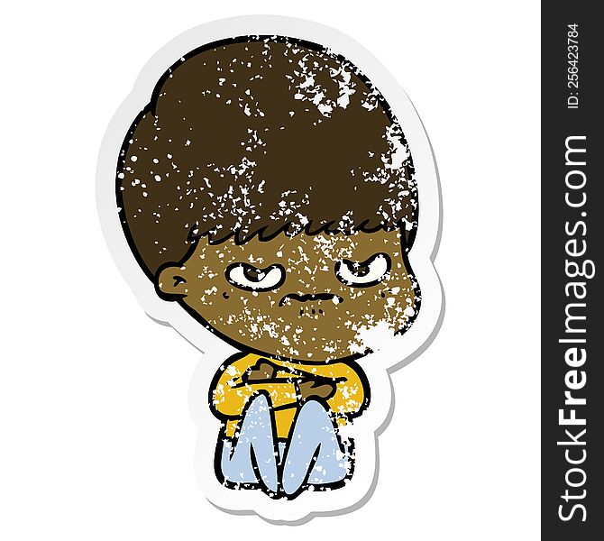 distressed sticker of a cartoon angry boy sitting