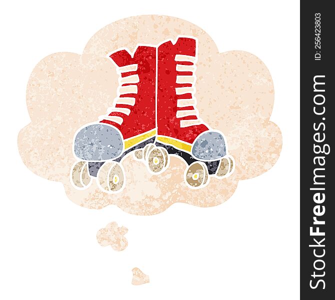 Cartoon Roller Boots And Thought Bubble In Retro Textured Style
