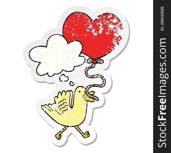cartoon bird with heart balloon with thought bubble as a distressed worn sticker