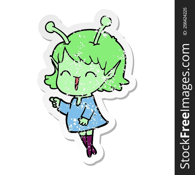 Distressed Sticker Of A Cartoon Alien Girl Laughing