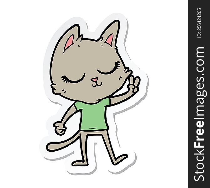 sticker of a calm cartoon cat giving peace sign