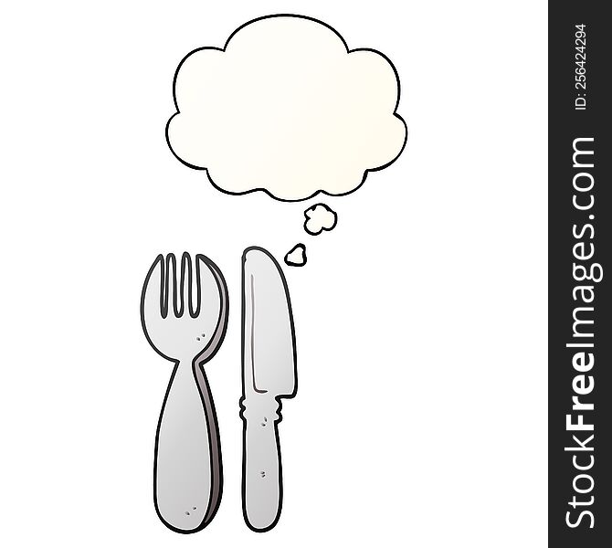 cartoon knife and fork with thought bubble in smooth gradient style