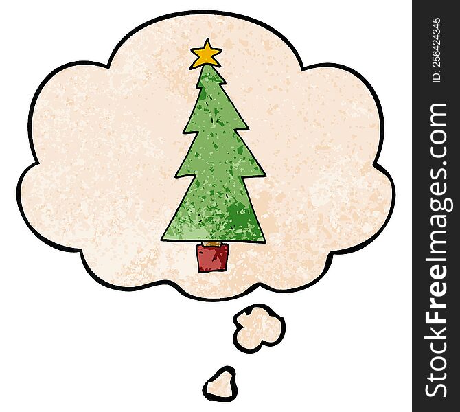 Cartoon Christmas Tree And Thought Bubble In Grunge Texture Pattern Style