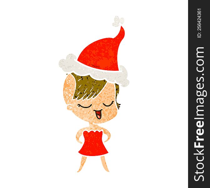 happy hand drawn retro cartoon of a girl in cocktail dress wearing santa hat