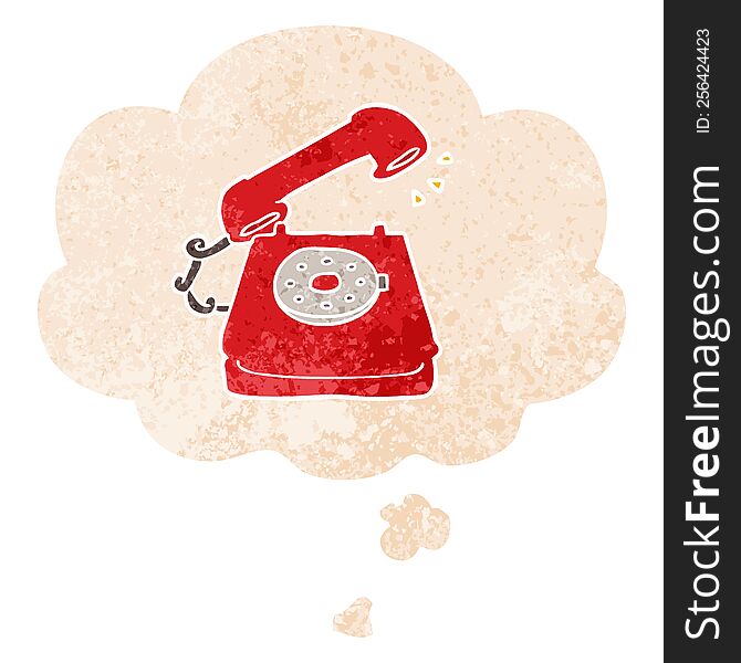 Cartoon Old Telephone And Thought Bubble In Retro Textured Style