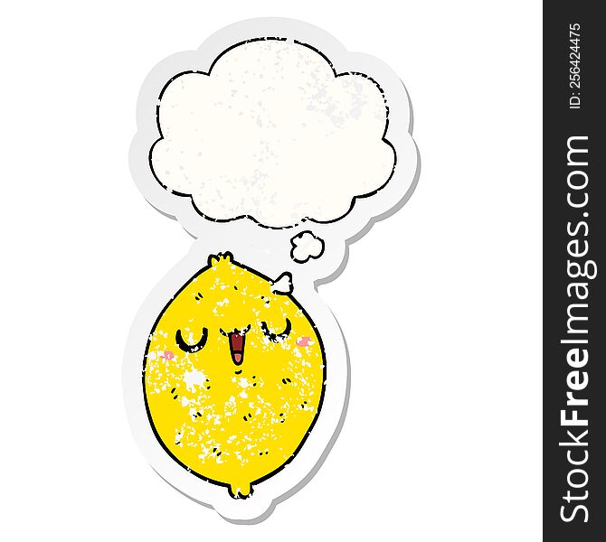cartoon happy lemon with thought bubble as a distressed worn sticker