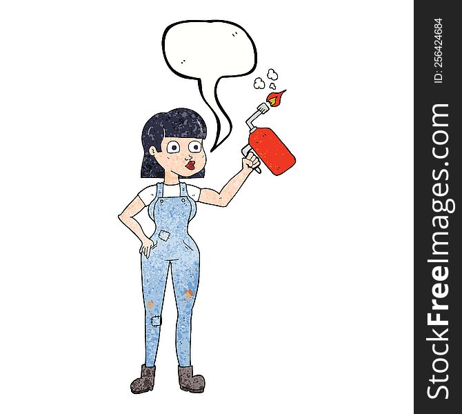 freehand speech bubble textured cartoon woman in dungarees