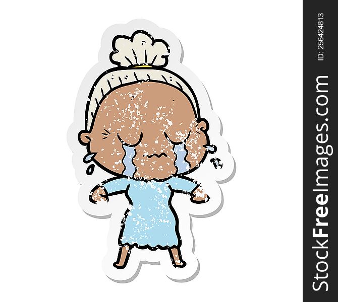 Distressed Sticker Of A Cartoon Crying Old Lady