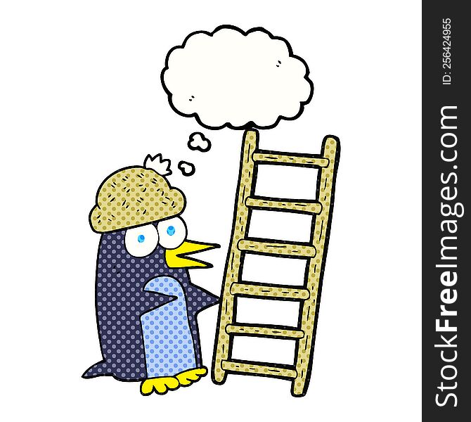 freehand drawn thought bubble cartoon penguin with ladder