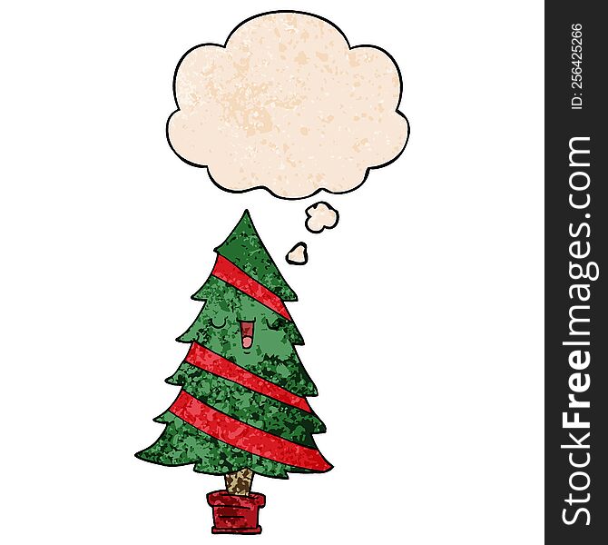 Cartoon Christmas Tree And Thought Bubble In Grunge Texture Pattern Style