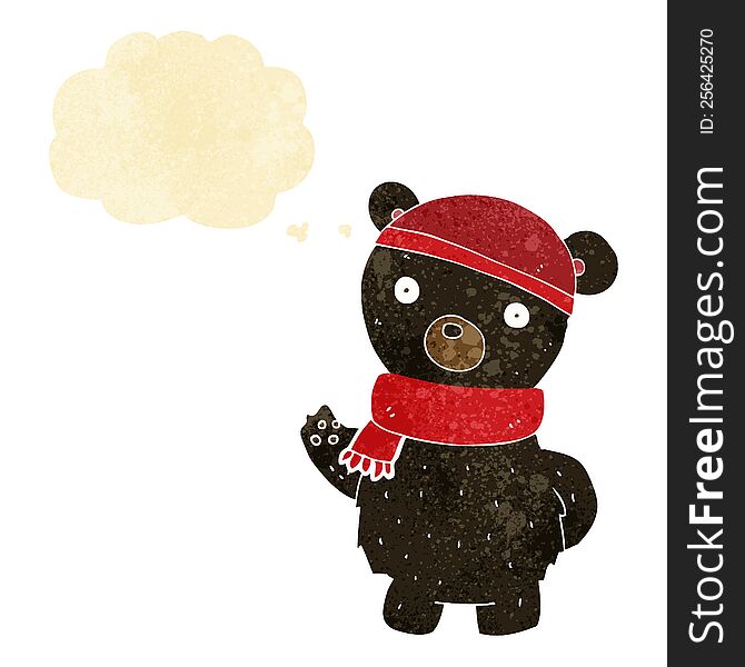 cartoon black bear in winter hat and scarf with thought bubble