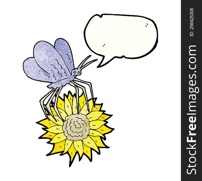 freehand speech bubble textured cartoon butterfly on flower