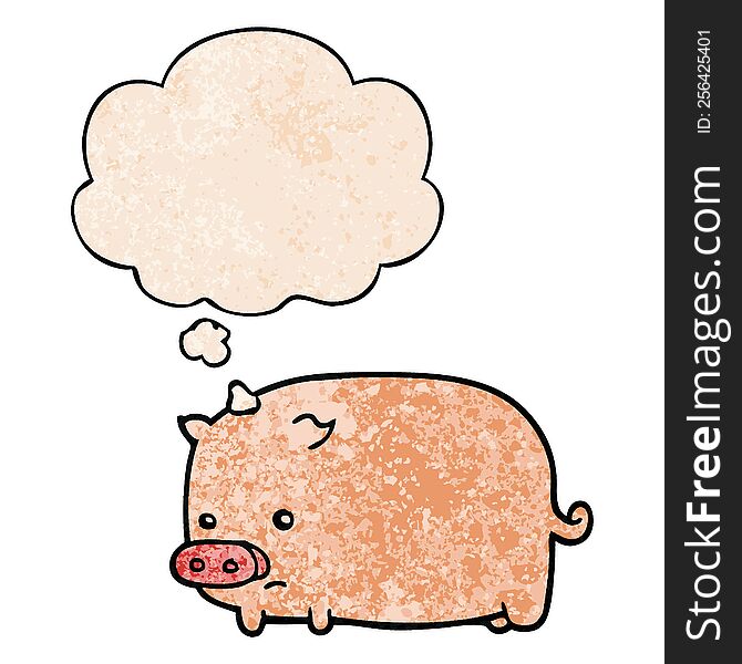 Cute Cartoon Pig And Thought Bubble In Grunge Texture Pattern Style