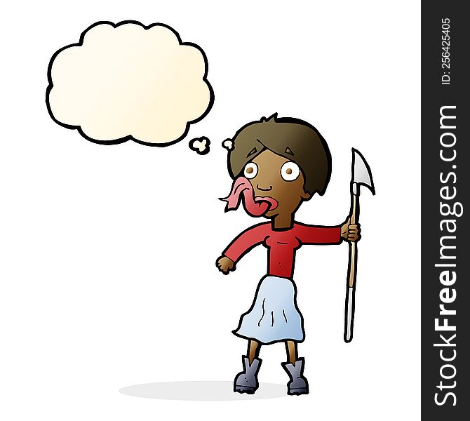 cartoon woman with spear sticking out tongue with thought bubble