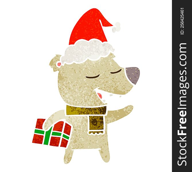 hand drawn retro cartoon of a bear with present wearing santa hat
