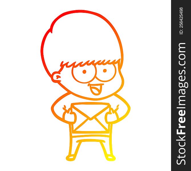 Warm Gradient Line Drawing Happy Cartoon Boy With Present