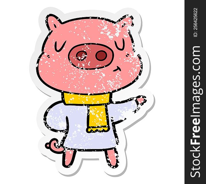 distressed sticker of a cartoon content pig in winter attire