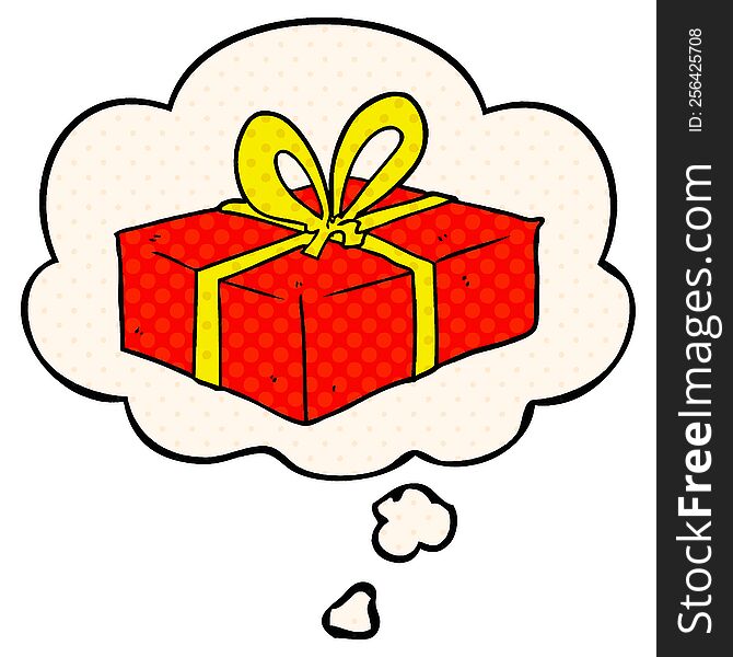 cartoon wrapped gift with thought bubble in comic book style