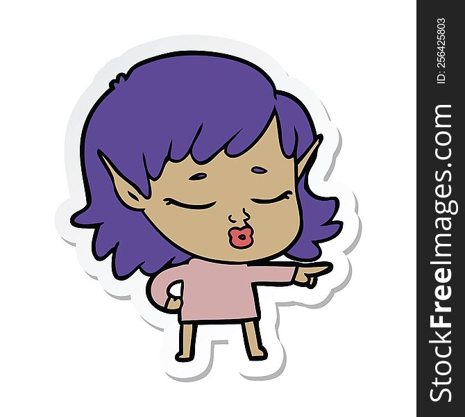 Sticker Of A Pretty Cartoon Elf Girl Pointing