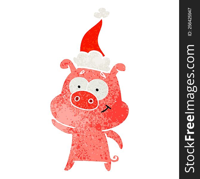 Happy Retro Cartoon Of A Pig Wearing Santa Hat