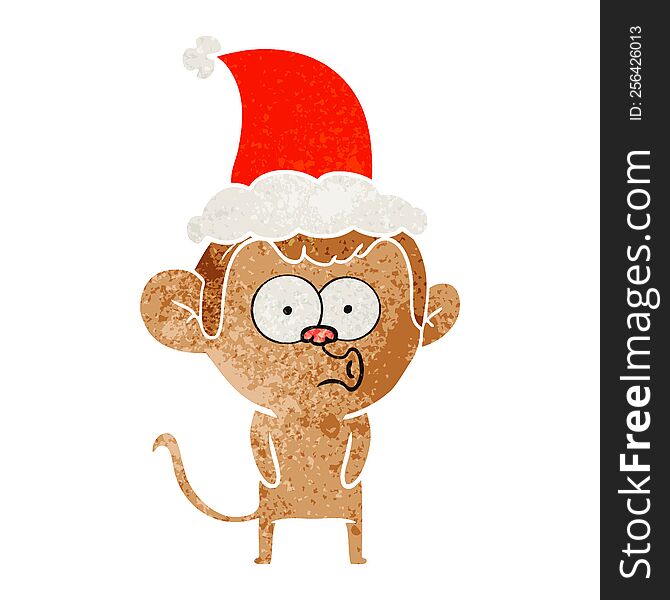 hand drawn retro cartoon of a hooting monkey wearing santa hat