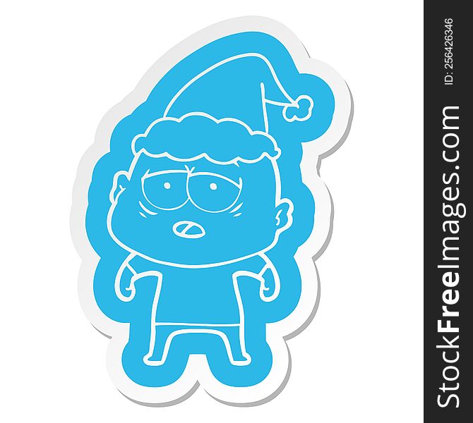 Cartoon  Sticker Of A Tired Bald Man Wearing Santa Hat