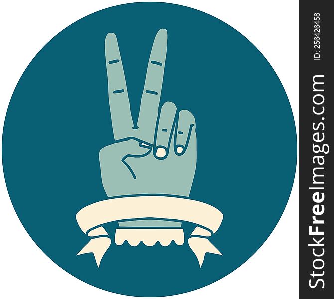 Peace Two Finger Hand Gesture With Banner Icon