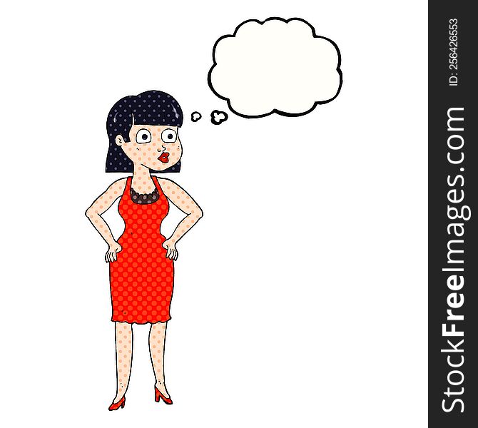 thought bubble cartoon woman in dress with hands on hips