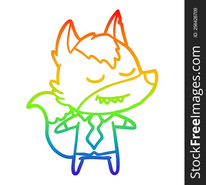 rainbow gradient line drawing of a friendly cartoon boss wolf
