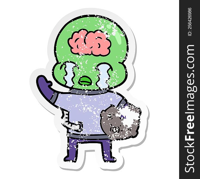 Distressed Sticker Of A Cartoon Big Brain Alien Crying And Waving Goodbye