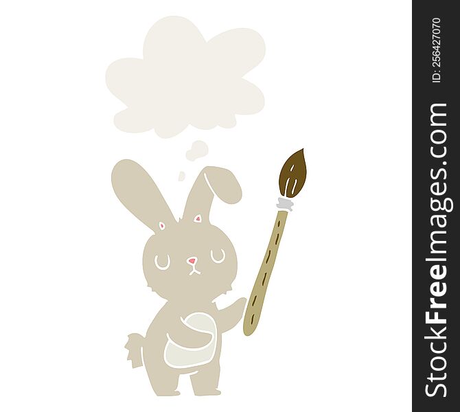 cartoon rabbit with paint brush with thought bubble in retro style