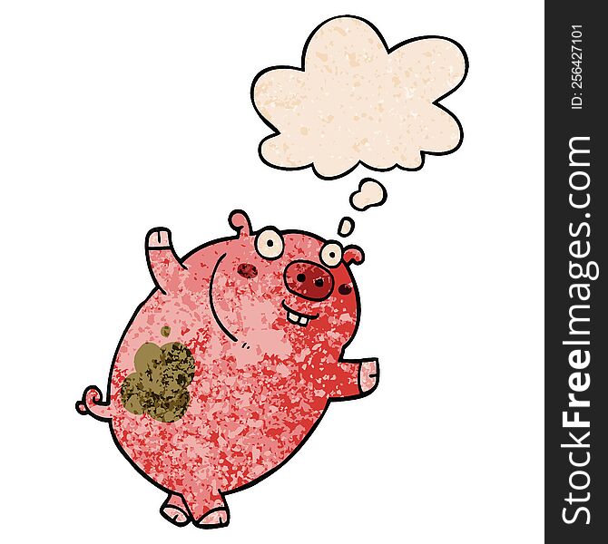 Funny Cartoon Pig And Thought Bubble In Grunge Texture Pattern Style
