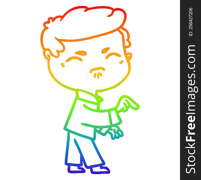 rainbow gradient line drawing of a cartoon annoyed man pointing finger